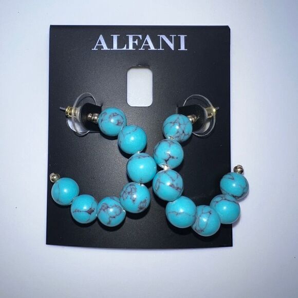 Alfani Gold-Tone Turquoise Blue Small Stone Bead C-Hoop 1.5" Earrings New - Picture 2 of 3